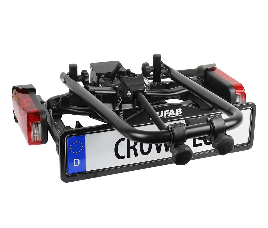 Ein schwarzer Fahrradträger »CROW Plus« vor einem weißen Hintergrund.