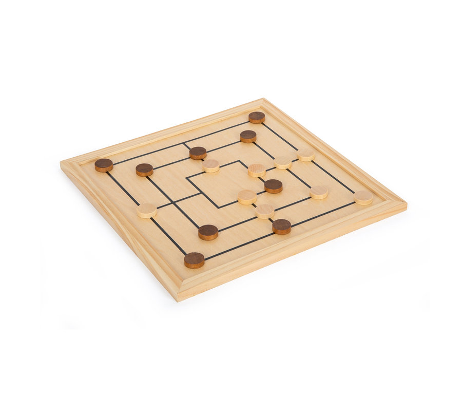 Ein Spielbrett mit braunen und beige Spielsteinen.