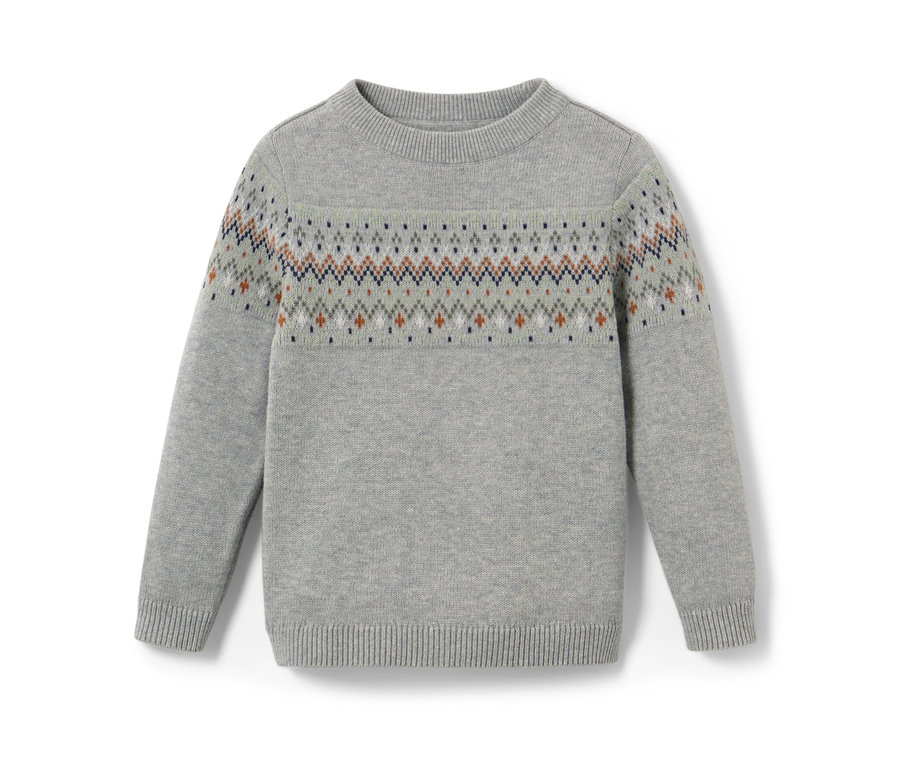 Grauer Kinder-Strickpullover mit Norwegermuster.
