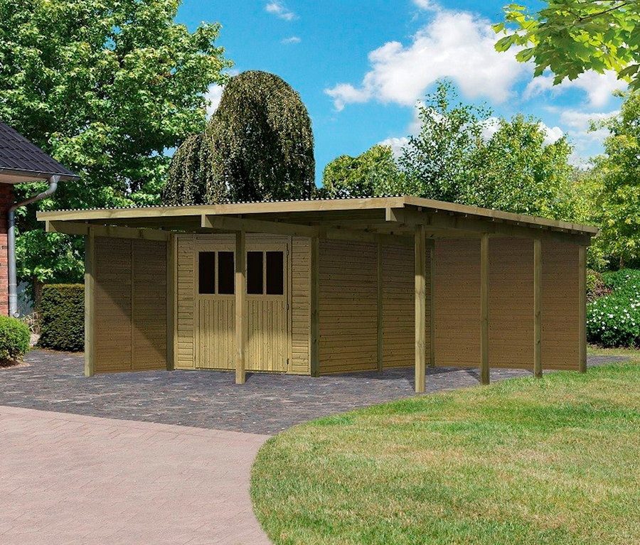 Karibu Carport mit Abstellraum, Seiten- und Rückwand, 19 mm, (Elco 2) steht auf einer gepflasterten Fläche neben einem Haus.