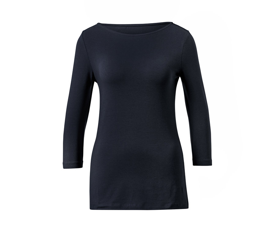 Marineblaues Shirt mit 3/4-Arm auf weißem Hintergrund.