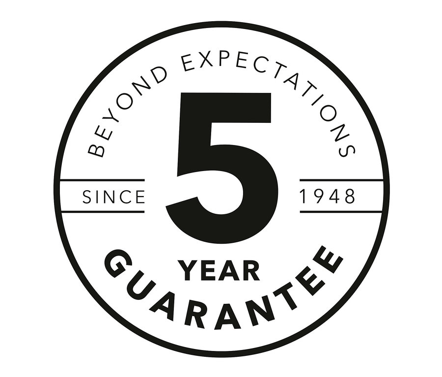 Logo mit der Zahl 5, dem Schriftzug „YEAR GUARANTEE“ und dem Text „BEYOND EXPECTATIONS SINCE 1948“.