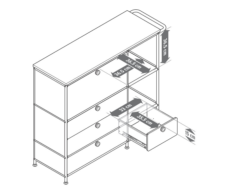 Skizze des weißen Metallsideboards »CN3« mit Holzplatte, 1 Klappenfach und 4 Schubladen.