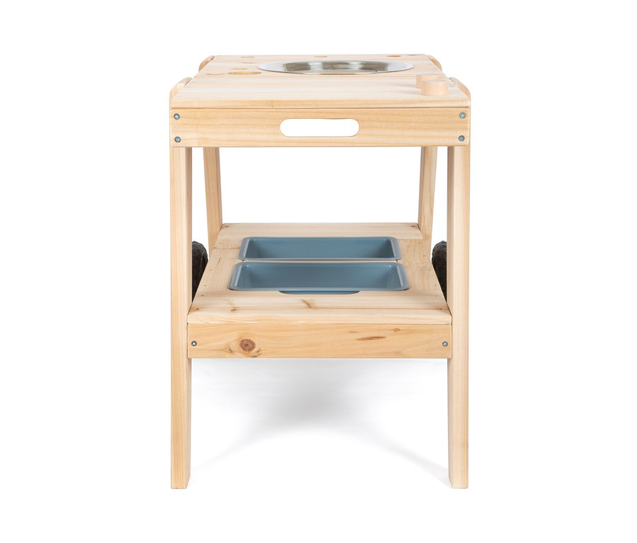 Kompakte small foot Matschküche mit zwei grauen Behältern und einem Edelstahlbecken.