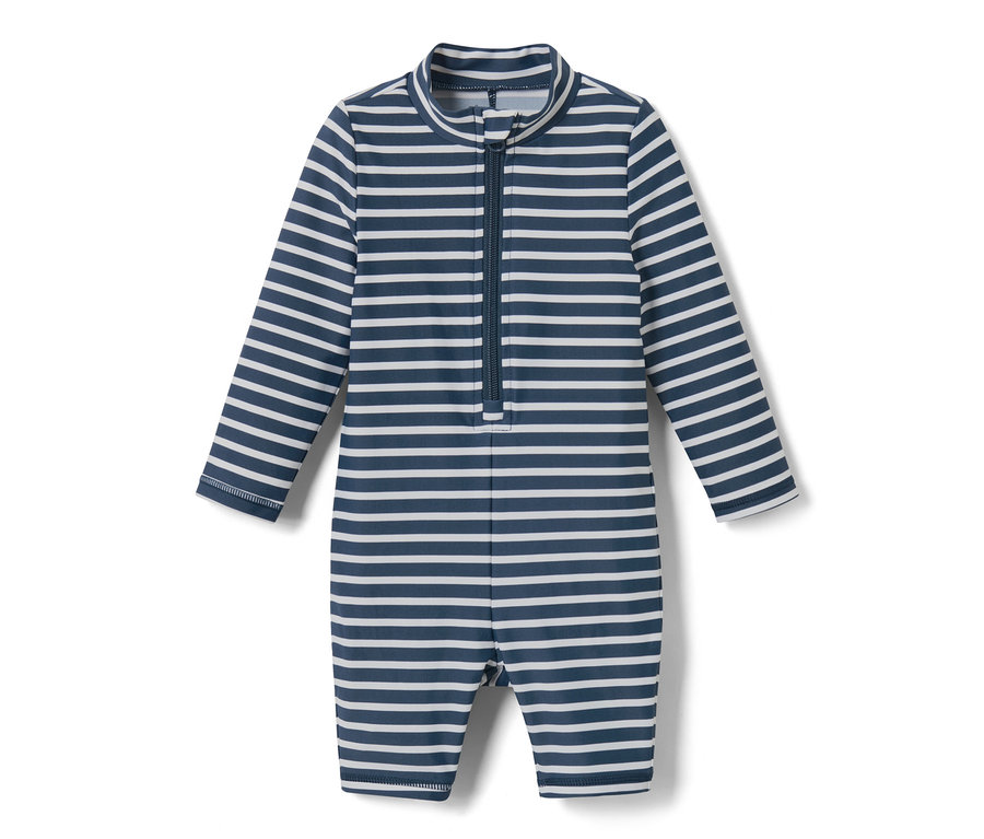 Gestreifter Baby-Einteiler mit UV-Schutzfaktor 80.