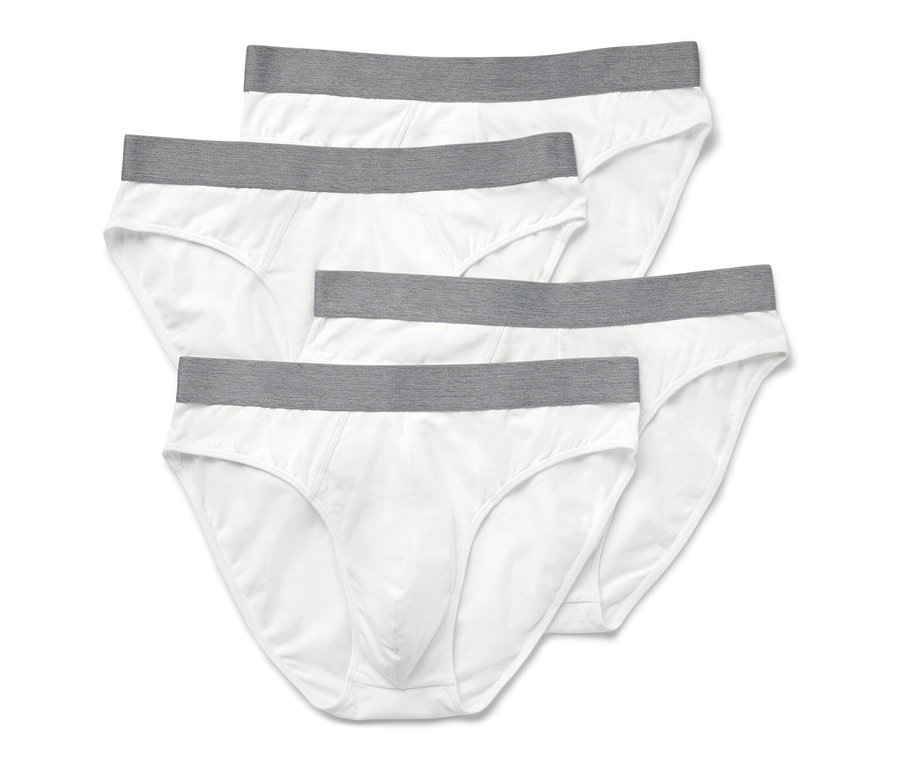 Vier weiße Slips mit grauem Bund.