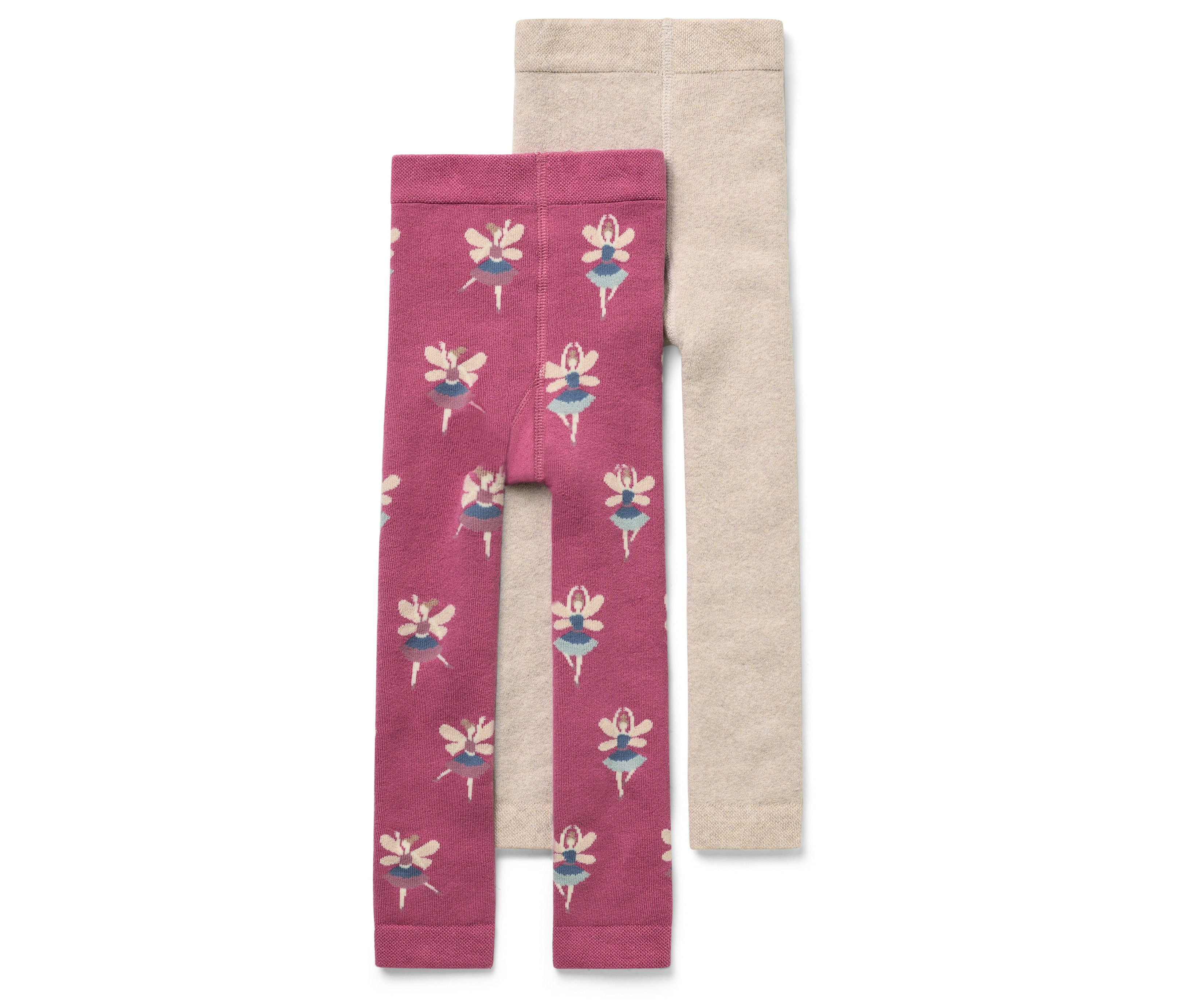 Zwei Kinderleggings: eine rosa mit Ballerinas und eine beige.