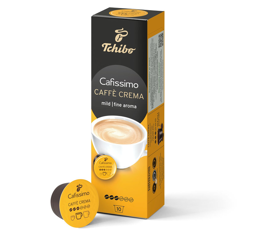 Eine Packung Cafissimo Caffè Crema mild - 10 Kapseln steht neben einer einzelnen Kapsel.