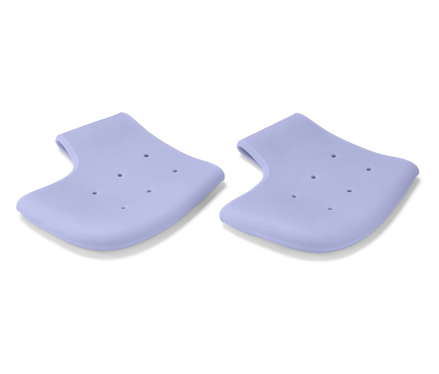 Zwei lila Silikon-Fersenschoner mit Löchern auf weißem Hintergrund.