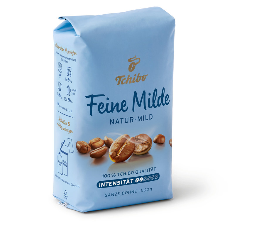 Nahaufnahme einer Packung Feine Milde - 500 g Ganze Bohne.