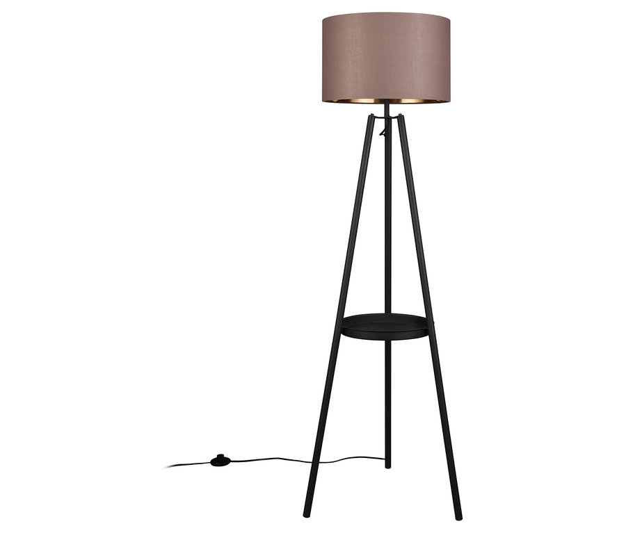 Trio Stehleuchte »Colette« mit braunem Schirm und schwarzem Metallgestell mit Tisch.