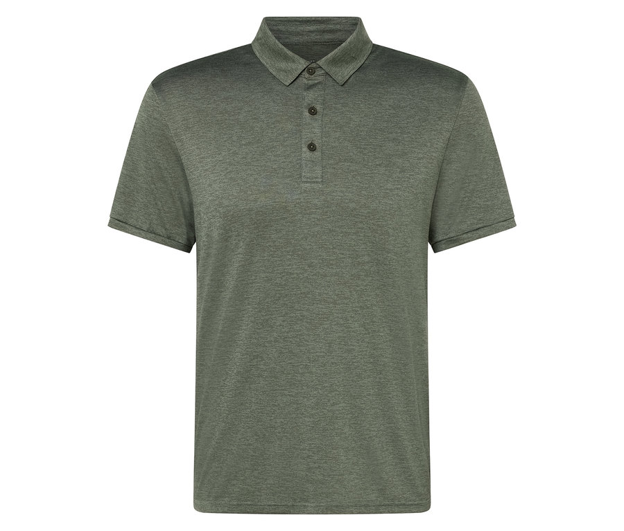 Ein grünes Poloshirt mit drei Knöpfen.