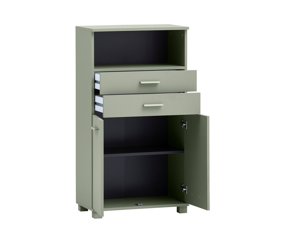 Breites, pistazienfarbenes Highboard »Mono« mit zwei Schubladen und geöffneter Tür.