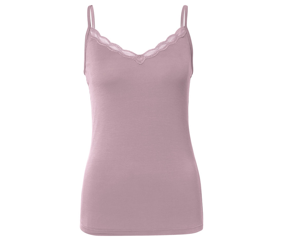 Rosa Tanktop mit Spitze am Ausschnitt.