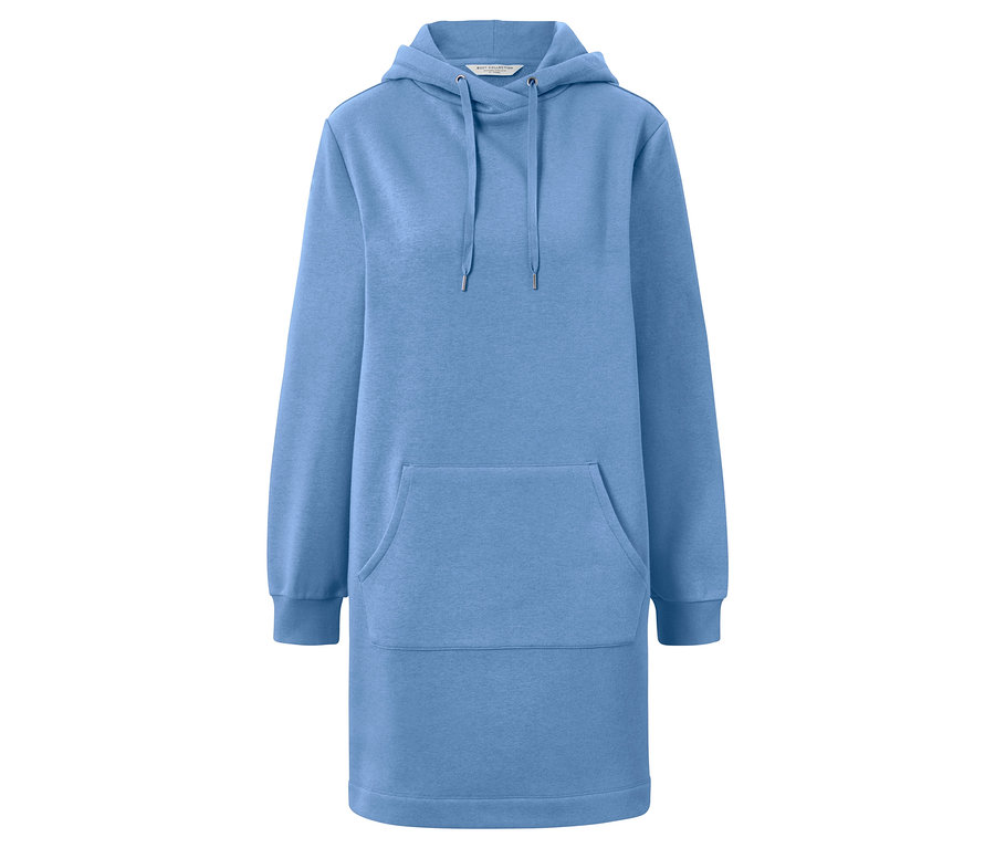Ein hellblaues Hoodie-Kleid mit Kapuze und Kängurutasche.