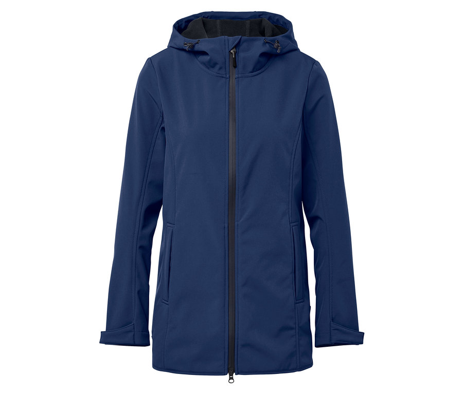 Eine marineblaue Softshelljacke mit Kapuze und Reissverschluss in der Mitte.