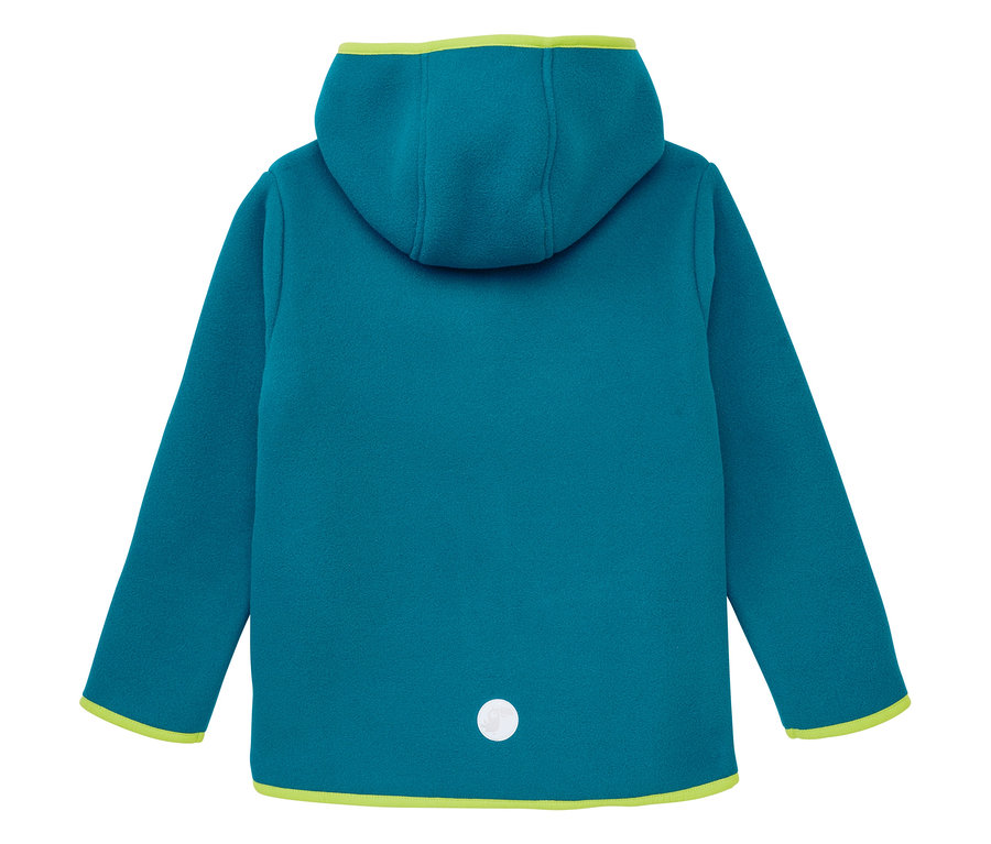 Rückansicht der petrolfarbenen JAKO-O Kuschelfleecejacke mit Kapuze und hellgrünen Bündchen.