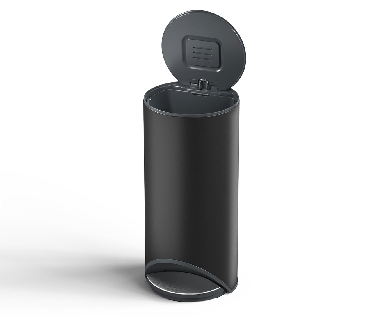 Ein schwarzer Joseph Joseph Slimline Treteimer, 30 l, mit geöffnetem Deckel.