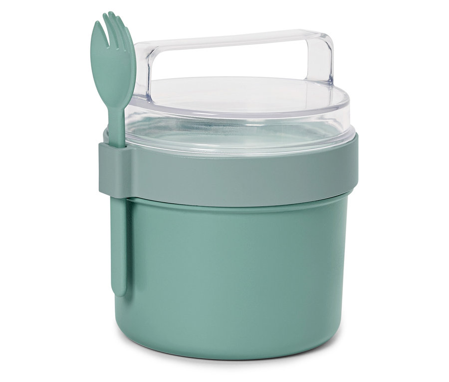Grüner Lebensmittelbehälter mit einer Gabel an der Seite.
