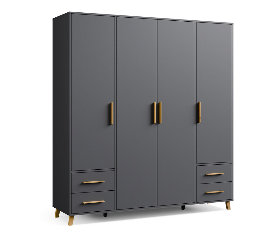 Grauer Drehtürenschrank »Shinjo« mit 3 Türen und 2 Schubladen.