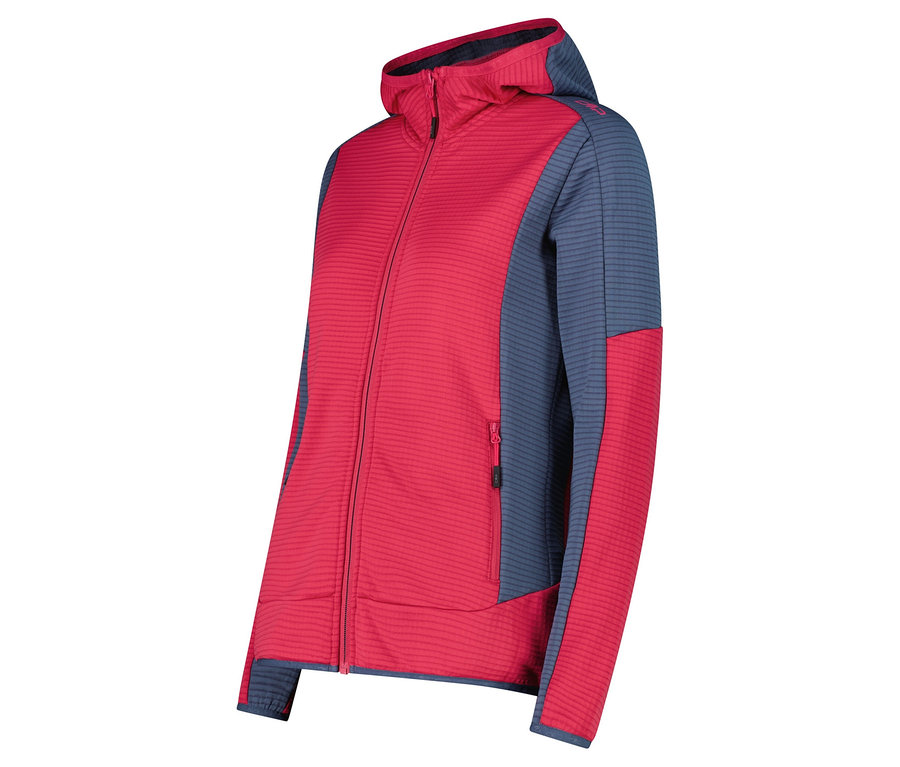 Rote Kapuzenjacke mit blau-grauen Ärmeln und Kapuze.