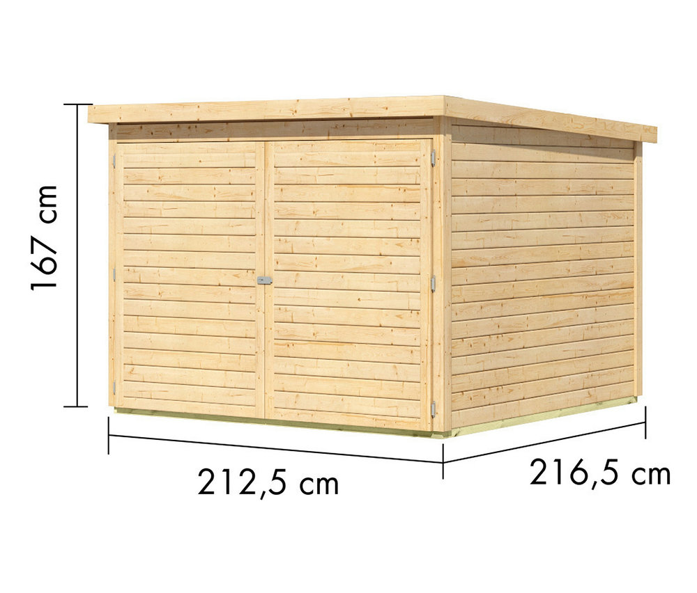 Naturfarbene Karibu Fahrradgarage für 4 Räder, 19 mm, mit Breiten- und Höhenmaßen.