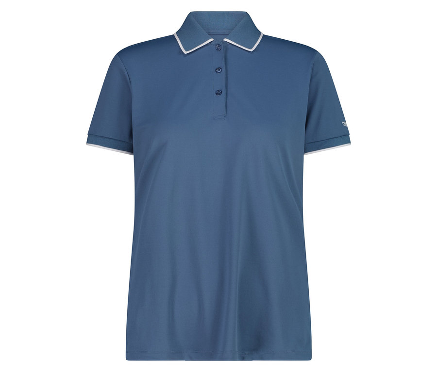 Blaues Poloshirt mit weißem Kragen und Ärmelbündchen.