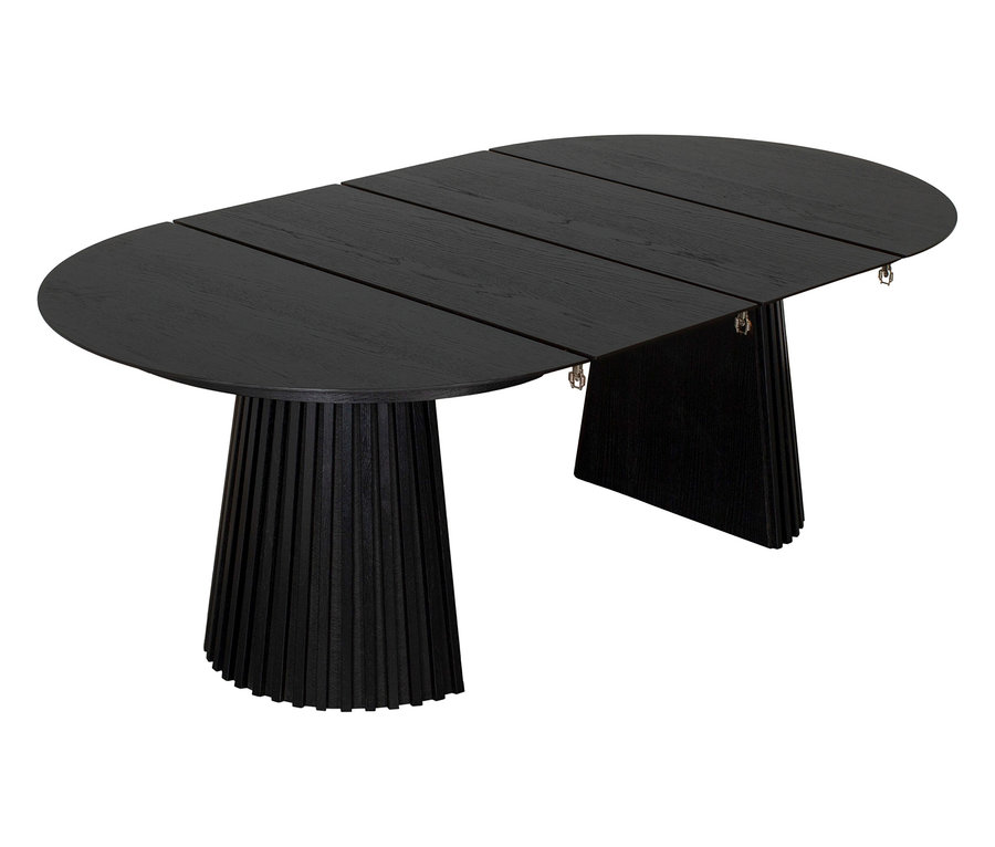 Schwarzer DeVries Esstisch »Oria Oak« mit ovaler Tischplatte und geriffeltem Sockel.