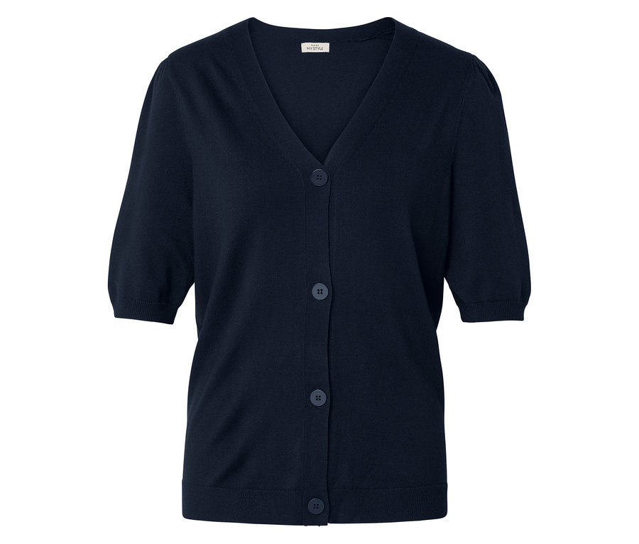 Marineblaue, kurzärmelige Strickjacke mit V-Ausschnitt und fünf Knöpfen.