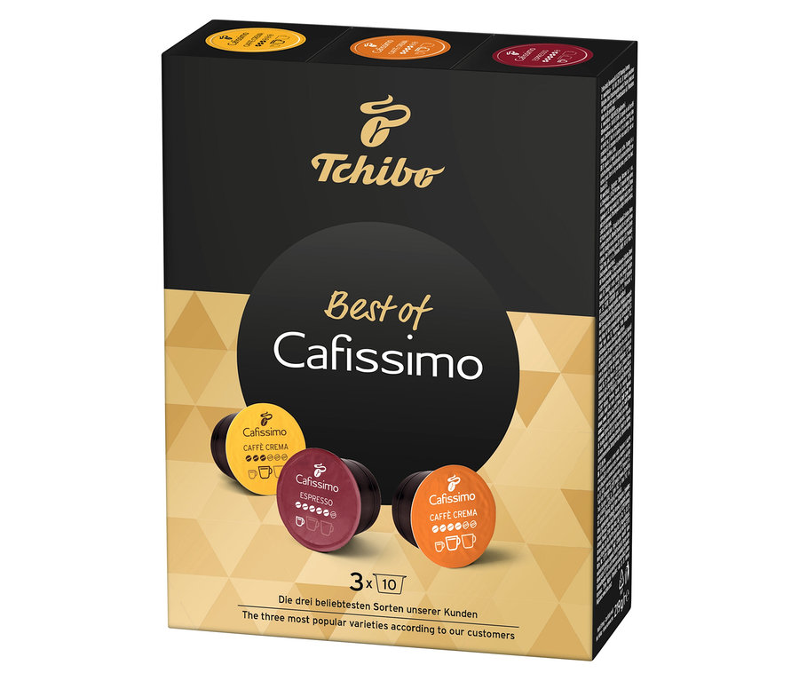 Eine Packung Cafissimo Best of Cafissimo 30 Kapseln von Tchibo ist zu sehen.