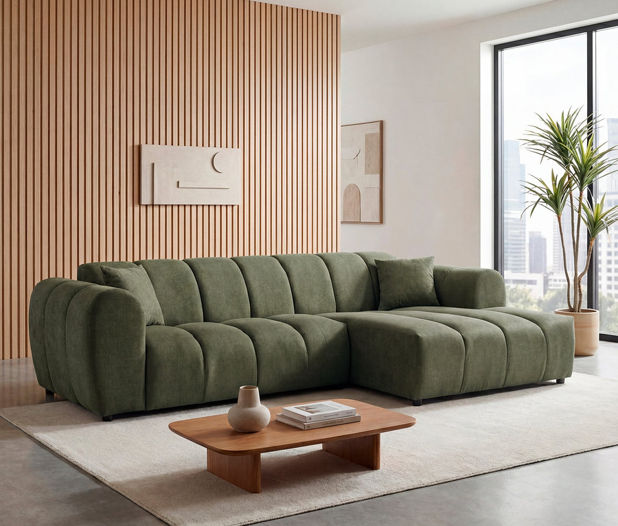 Grüner Longchair rechts mit Sofa 2-Sitzer links »Loftwave« steht im Wohnzimmer.