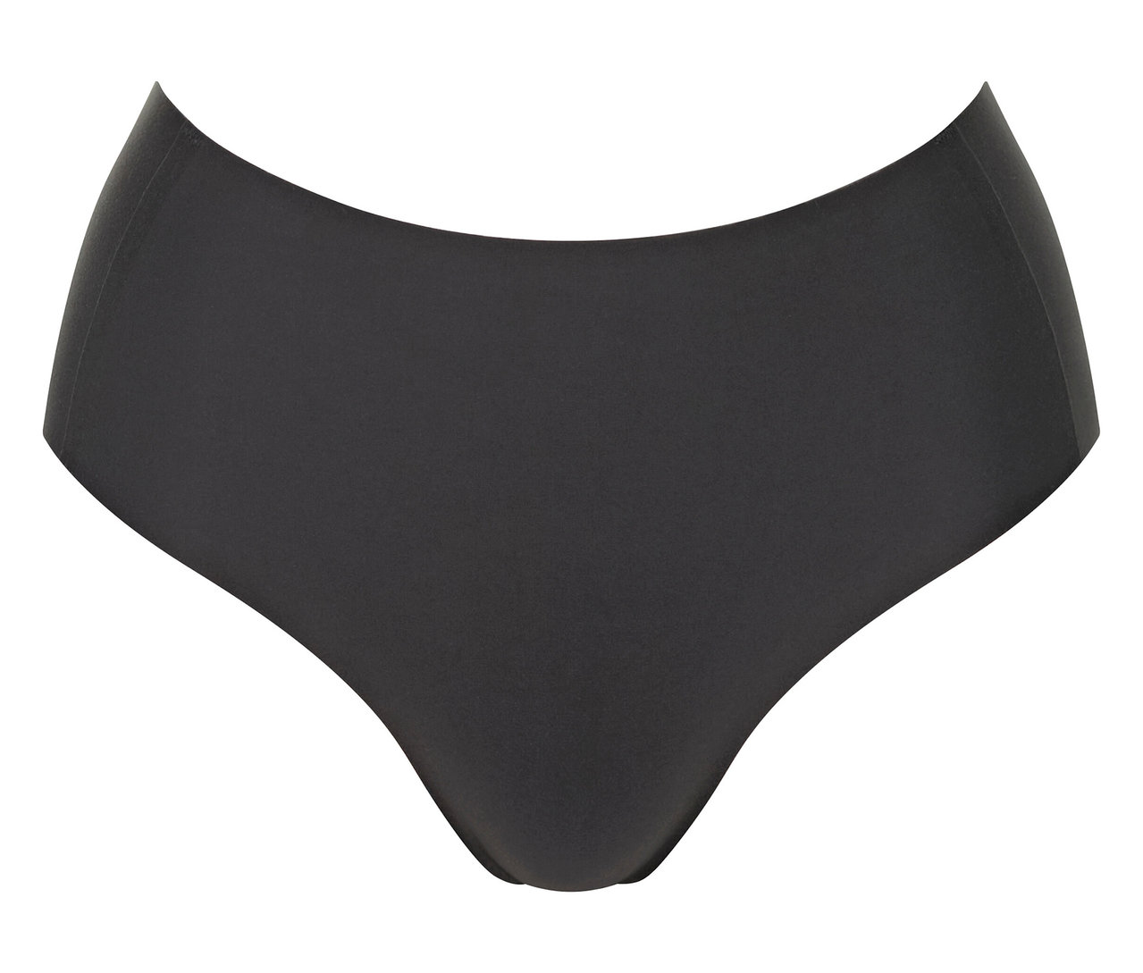 Dunkelgrauer, hochgeschnittener Damenslip, der auf einem weißen Hintergrund liegt.