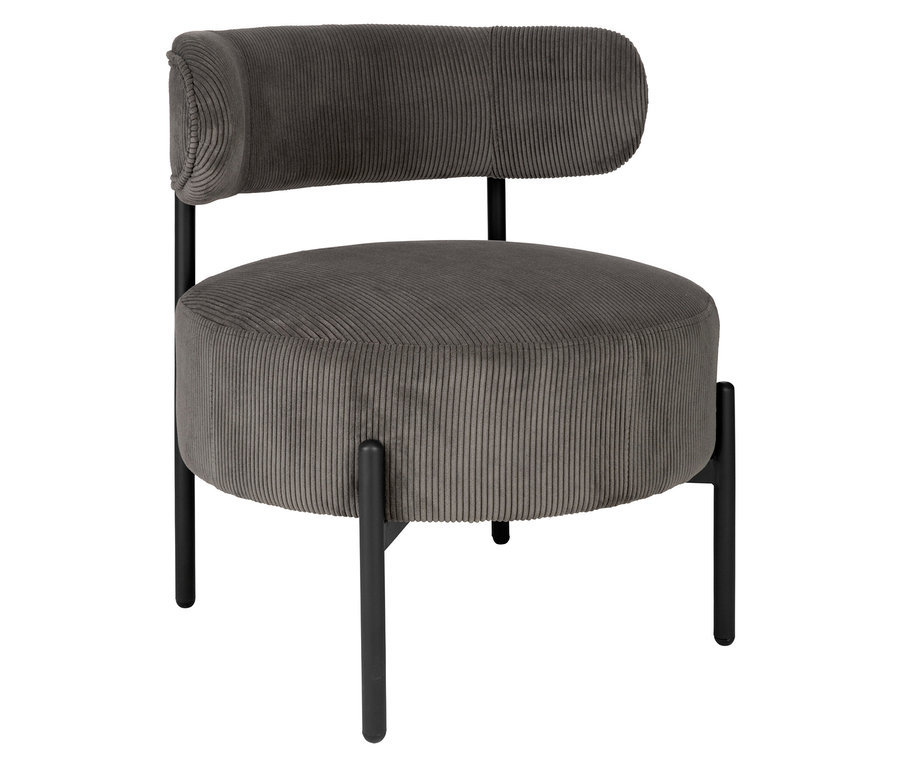 Grauer Eglo Stuhl »MANIRENJA« mit runder Sitzfläche und Rückenlehne aus Kordstoff und vier schwarzen Beinen.