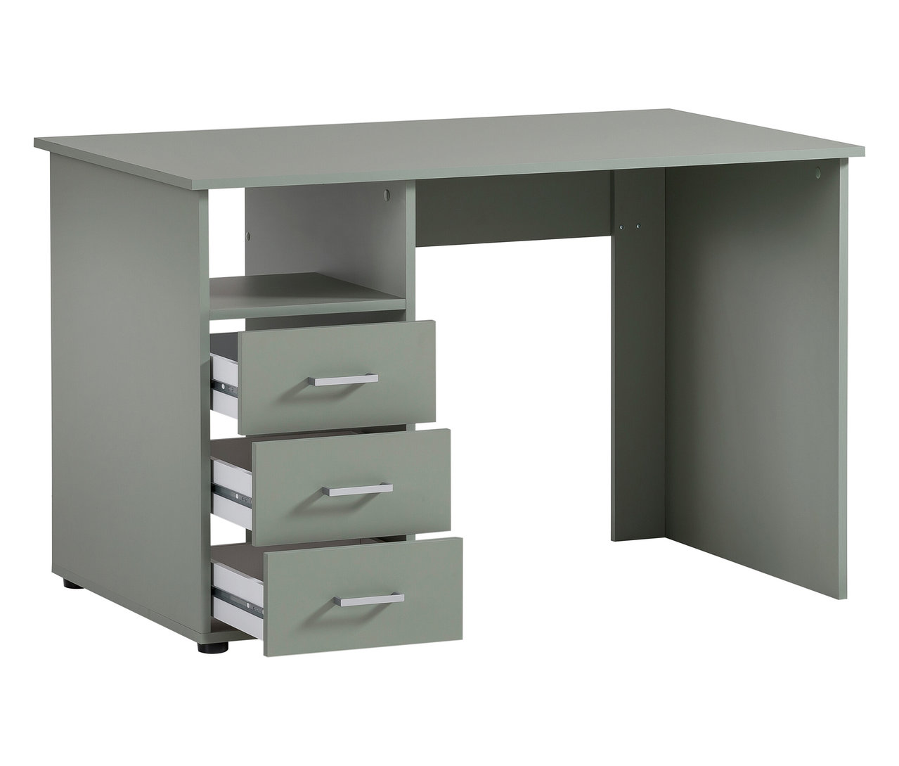 Grauer Schreibtisch mit drei Schubladen und einem offenen Regal.