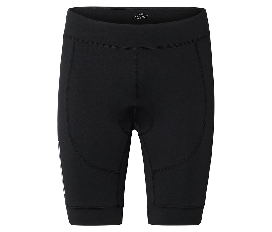 Schwarze, knielange Radhose, vorne mittig etwas gepolstert, mit reflektierendem Streifen am linken Bein.