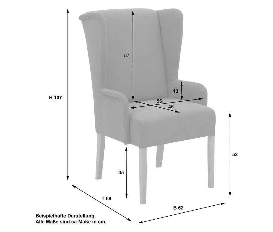 Abbildung eines Hochlehner-Polsterstuhls »Hendrick« mit Armlehne in Schwarz-Weiß gestreift mit Maßangaben.