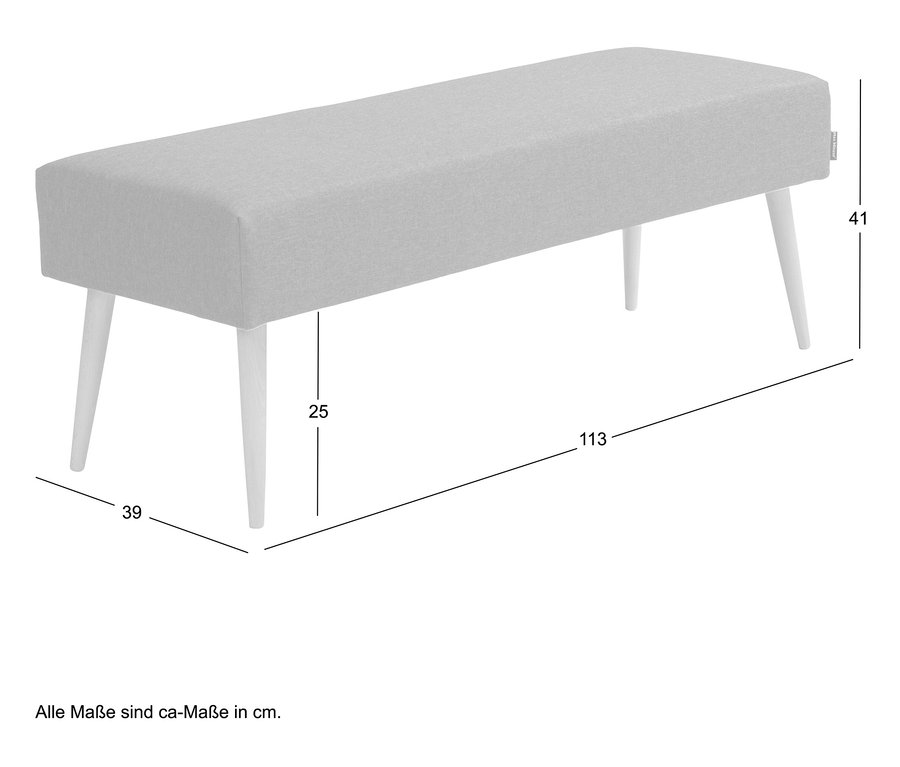 Eine hellgraue Bank mit vier Holzbeinen und Maßangaben.
