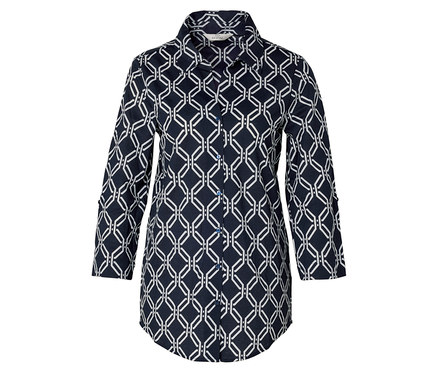 Piqué-Jerseybluse, dunkelblau-weißer Alloverprint