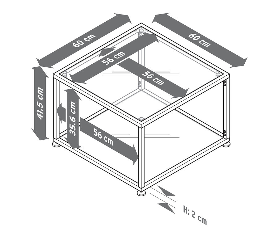 Abbildung eines Couchtischs mit Glasplatte und Größenangaben.