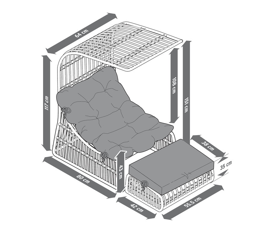 Eine schematische Darstellung eines Outdoorsessels mit Dach und einem herausziehbarem Fußteil, zusammen mit Maßangaben.