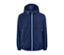 Dunkelblaue Windbreaker-Jacke mit Kapuze und weißem Reißverschluss.