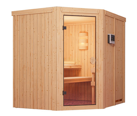 Abbildung einer Karibu-Sauna »Lillian« mit 9-kW-Ofen.