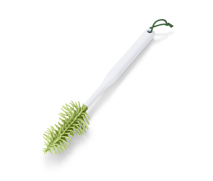Eine Flaschen-und-Gläser-Spülbürste mit weißem Griff und grünen Borsten.