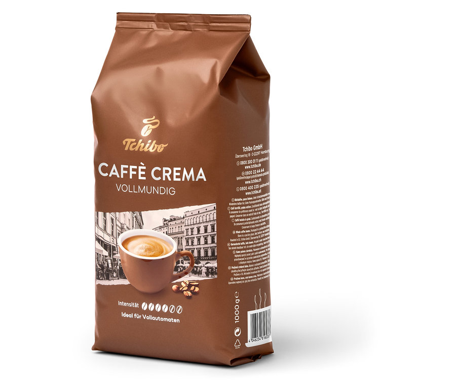 Braune Packung Tchibo Caffè Crema Vollmundig ganze Bohne (1 kg) mit Bild einer Kaffeetasse und Kaffeebohnen.