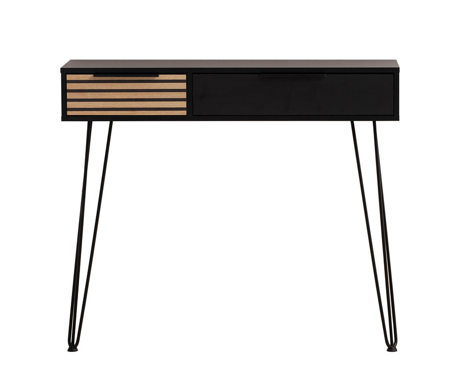 Schwarze Konsole »Hank« mit zwei Schubladen und Metallbeinen.