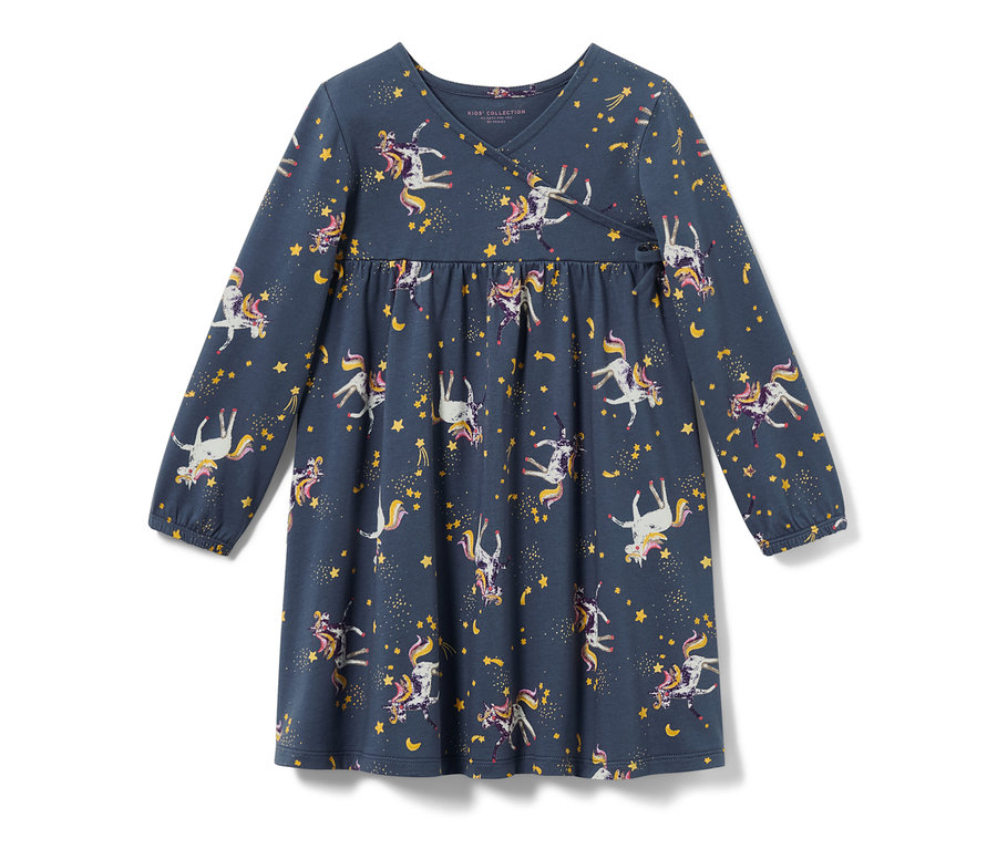 Blaues Kinder-Jerseykleid mit Einhorn- und Sternenmuster.