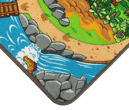 Detail eines Kinderteppichs »DINO« mit Dinosaurier-Motiv an einem Wasserfall.