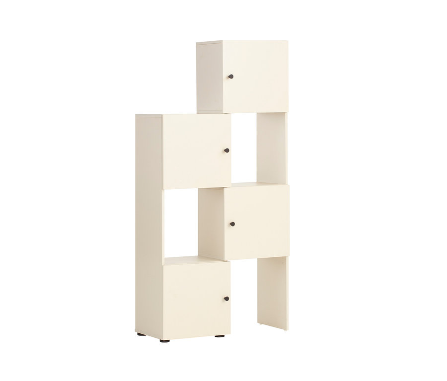 Ein cremefarbenes Schieberegal »Lovund« mit vier unregelmäßig angeordneten Würfeln/Stauräumen.