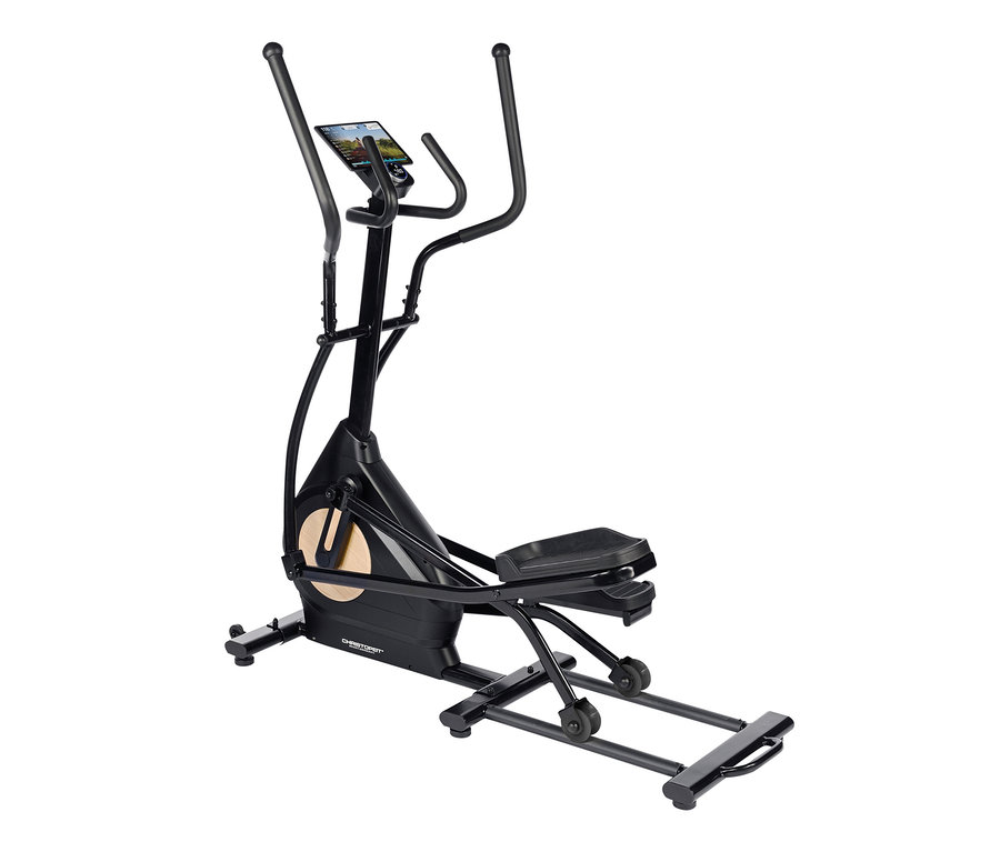 Schwarzer Elliptical Ergometer FitWheel Pro vor einem weißen Hintergrund.