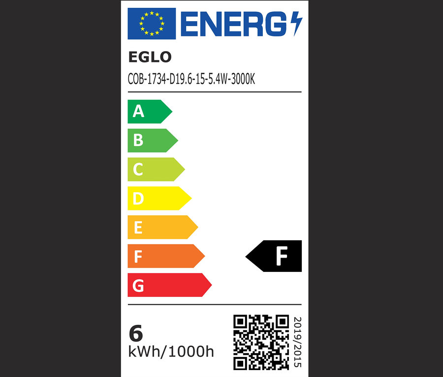 Ein Eglo Energieetikett mit Energieeffizienzklassen von A bis G.